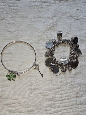 Charm Bracelet Set with Green Four-Leaf Clover and Key Charm